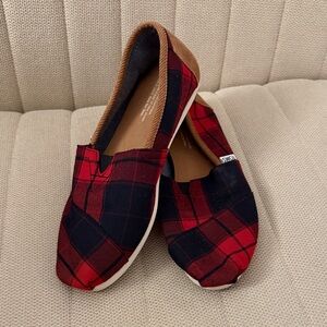 Toms Red and Black Plaid Flats